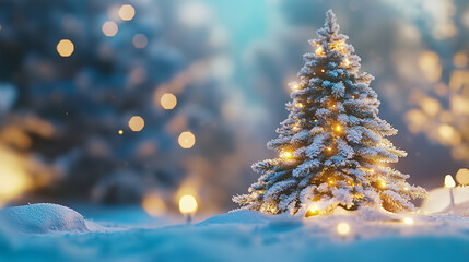 Aufkleber - Enchanting christmas ambiance: small snow-covered tree with glowing lights in a snowy forest at dusk