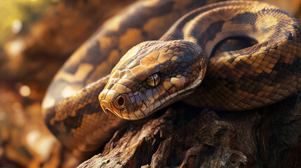 Poster - Close-up of a python snake resting on a branch, showcasing its intricate scale pattern and captivating eye