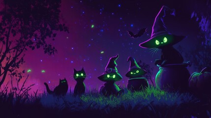 Wall Mural - 3d rendered hallowen background with cats