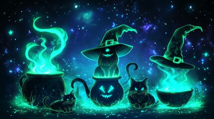 Wall Mural - 3d rendered hallowen background with cats