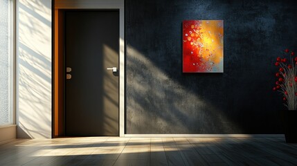 Poster - A modern interior featuring a door, artwork, and decorative plants in a stylish space.