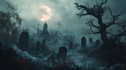 Wall Mural - 3d rendered hallowen background with graveyard