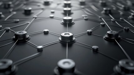 Aufkleber - A close-up view of interconnected metallic nodes on a dark surface, symbolizing networks.