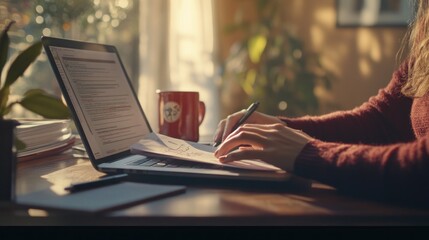 Poster - A person writing notes beside a laptop and a coffee mug in a cozy workspace.