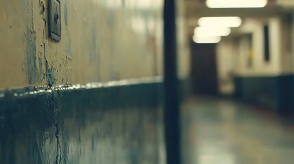 A dimly lit corridor with peeling paint and an atmosphere of abandonment.