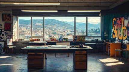 Poster - An artist's studio with large windows overlooking a city and mountains, filled with art supplies.