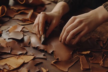 Poster - Hands cutting leather pieces on a work surface, showcasing craftsmanship and material.