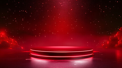 Poster - Illuminated round red podium in dark room with neon lights, red smoke, and particles, creating a dramatic and futuristic ambiance