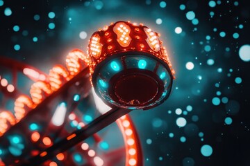 Poster - A close-up of a colorful amusement ride with bright lights against a blurred background.