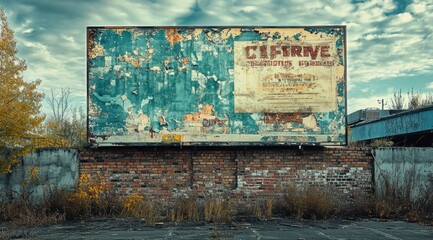 Poster - An aged billboard with peeling paint, set against a backdrop of overgrown vegetation.