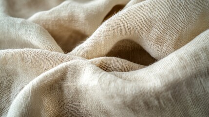 Poster - Close-up of soft, wrinkled beige fabric showcasing texture and natural fibers.