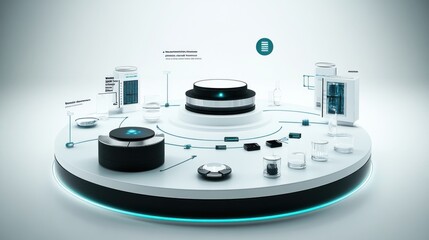 Aufkleber - A futuristic display of various scientific equipment and instruments for research purposes.