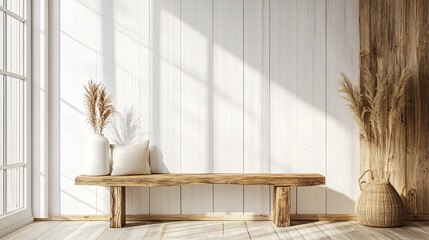 Poster - Modern, bright and minimalist living room with wooden bench, vase with dried plants and sunlight illuminating white wall