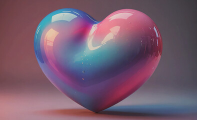 Poster - A heart made of glass with a blue and pink swirl. The heart is sitting on a table