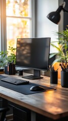 Fototapete - desk arrangement with monitor high angle