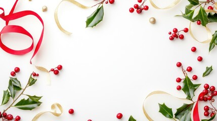 Poster - A festive arrangement of holly, red berries, and ribbons on a white background.