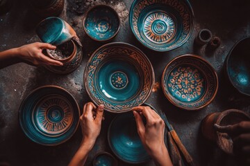Aufkleber - Hands crafting decorative pottery with intricate designs in a workshop setting.