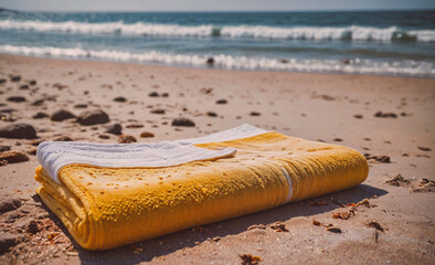 Fototapete - A yellow towel is laying on the beach. The towel is on the sand and the beach is near the ocean