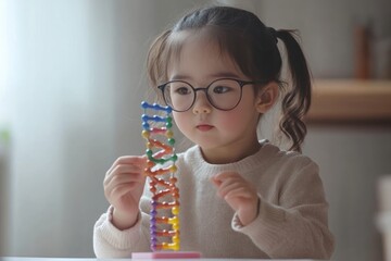 Poster - A young girl constructs a colorful DNA model with focused concentration.