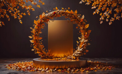 Poster - A gold frame with a leafy wreath and a black background. The wreath is made of leaves and the frame is gold