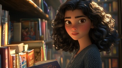 Poster - A young woman with curly hair gazes thoughtfully in a cozy library filled with books.