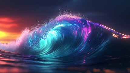 Leinwandbilder - Stunning neon wave crashes against a vibrant sunset, forming a captivating display of color and light