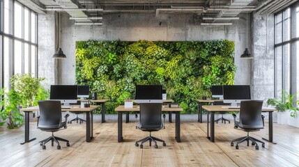Aufkleber - Modern office space with greenery and computers for a productive work environment.
