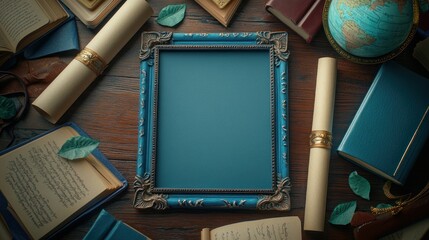 Poster - A decorative frame surrounded by books and scrolls on a wooden table.