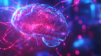 Poster - Digital brain in futuristic network connections: artificial intelligence concept in luminous and colorful cyberspace