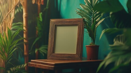 Poster - Wooden Frame Placed Amongst Lush Tropical Plants
