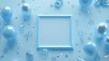 Poster - A blue-themed festive scene with balloons, stars, and an empty frame for customization.