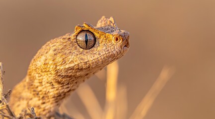 Aufkleber - A close-up of a textured reptile with striking eyes against a warm, blurred background.