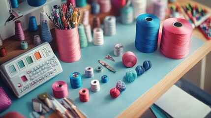 Poster - Colorful threads and sewing tools arranged on a workspace
