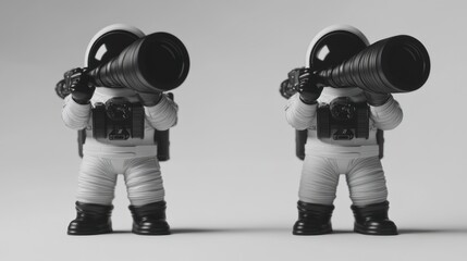 Poster - Two stylized astronaut figures holding large camera lenses against a plain background.