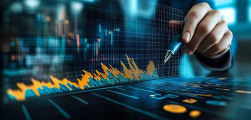 Poster - financial analyst examining stock market trading graph for investment strategy planning