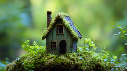 Poster - Enchanting atmosphere created by small wooden house with moss-covered roof nestled in lush green forest