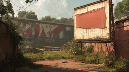 Poster - An abandoned urban area with overgrown vegetation and a weathered billboard.