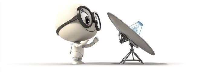 Poster - A cartoon character with glasses interacts with a satellite dish, suggesting communication or technology.