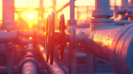 Poster - Close-up of industrial pipeline with valve transporting gas or oil at sunset in a refinery