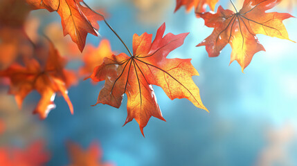 Aufkleber - Vibrant orange maple leaves glow in the sunlight against a soft blue sky, capturing the essence of a serene autumn day
