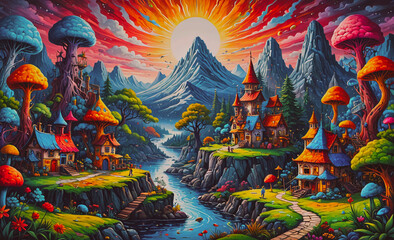Aufkleber - A painting of a village with houses and a river. The houses are small and colorful, and the river is surrounded by trees. The painting has a peaceful and serene mood