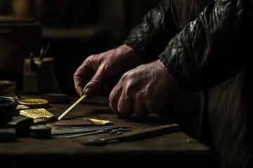 Poster - A craftsman's hands carefully working with a piece of gold leaf on a workbench.