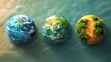 Poster - Three globes showing different climate change scenarios, from healthy earth to extreme desertification due to global warming