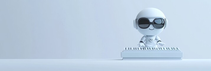 Poster - A white cartoon robot with sunglasses plays a white keyboard.