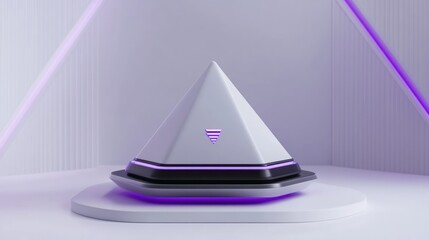 Poster - A sleek, futuristic pyramid-shaped object on a circular base with ambient lighting.