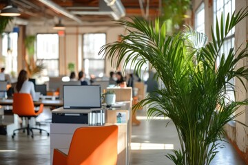Aufkleber - Modern office space with plants and orange chairs, fostering a productive environment.