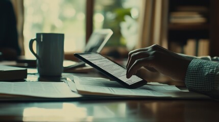 Aufkleber - A person using a tablet while sitting at a desk with a cup and papers.