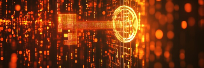 Poster - A digital key surrounded by glowing data streams, symbolizing cybersecurity and encryption.