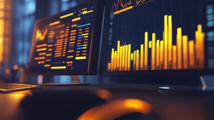 Poster - Two computer monitors displaying financial data and graphs, with a keyboard and mouse in the foreground, set against a blurred background of a city at night.
