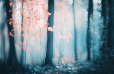 Aufkleber - Abstract blurred forest with soft focus on the red leaves and blue light.